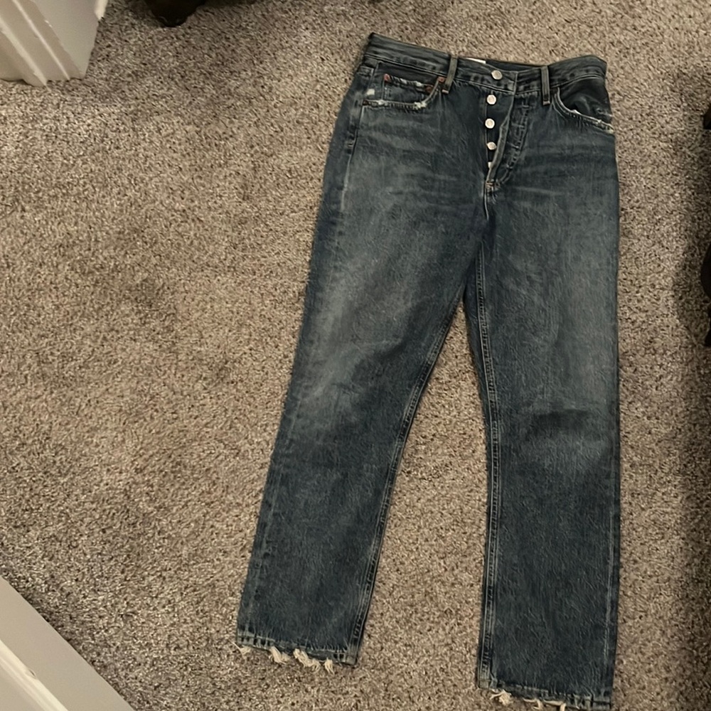 AGOLDE Riley High Rise Straight Crop Jeans in Frequency 26 ripped back pocket